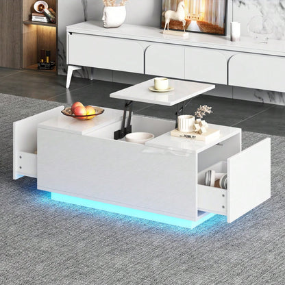 95*48*40cm Couchtisch mit Hebeplatte, höhenverstellbar ausziehbar, Lift-Top-Tisch. Wohnzimmertisch mit 2 Schubladen, Sofatisch mit LED,Multifunktionaler Lift-up-Kaffeetisch, Weiß