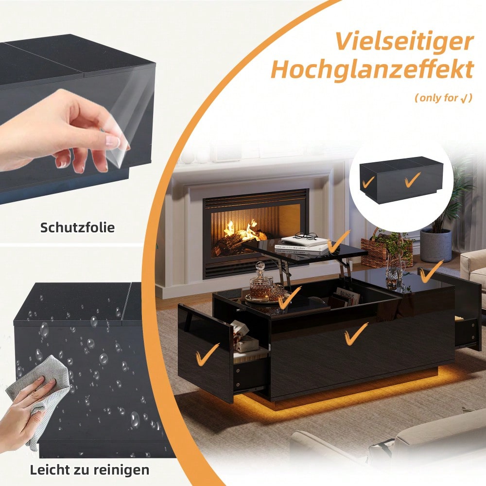 95*48*40cm Couchtisch mit Hebeplatte, höhenverstellbar ausziehbar, Lift-Top-Tisch. Wohnzimmertisch mit 2 Schubladen, Sofatisch mit LED,Multifunktionaler Lift-up-Kaffeetisch, Schwarz