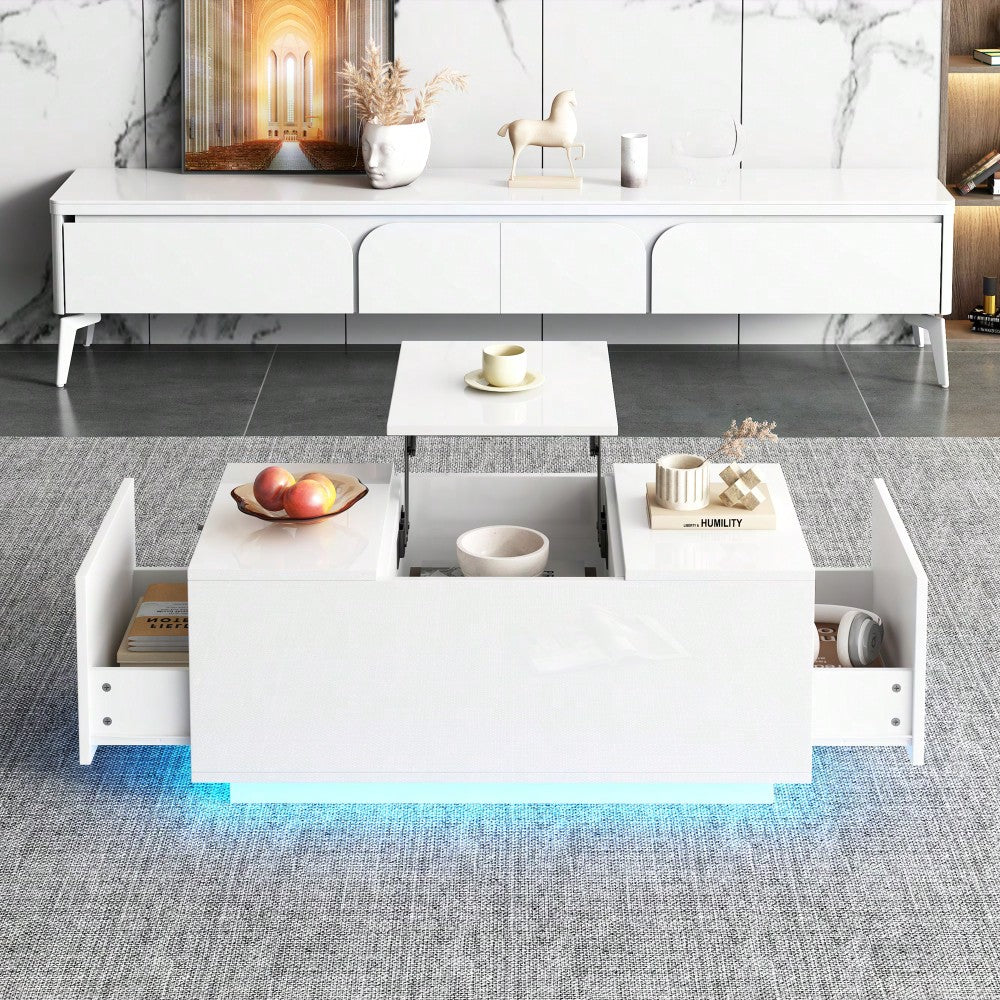 95*48*40cm Couchtisch mit Hebeplatte, höhenverstellbar ausziehbar, Lift-Top-Tisch. Wohnzimmertisch mit 2 Schubladen, Sofatisch mit LED,Multifunktionaler Lift-up-Kaffeetisch, Weiß