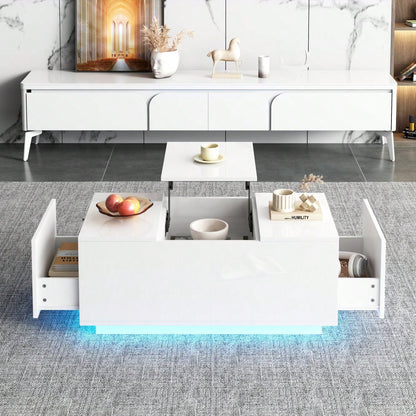 95*48*40cm Couchtisch mit Hebeplatte, höhenverstellbar ausziehbar, Lift-Top-Tisch. Wohnzimmertisch mit 2 Schubladen, Sofatisch mit LED,Multifunktionaler Lift-up-Kaffeetisch, Weiß
