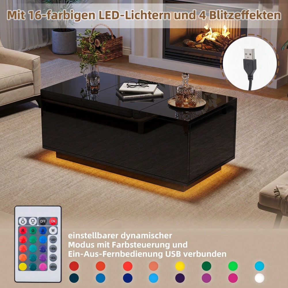 95*48*40cm Couchtisch mit Hebeplatte, höhenverstellbar ausziehbar, Lift-Top-Tisch. Wohnzimmertisch mit 2 Schubladen, Sofatisch mit LED,Multifunktionaler Lift-up-Kaffeetisch, Schwarz