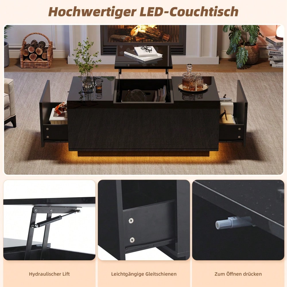 95*48*40cm Couchtisch mit Hebeplatte, höhenverstellbar ausziehbar, Lift-Top-Tisch. Wohnzimmertisch mit 2 Schubladen, Sofatisch mit LED,Multifunktionaler Lift-up-Kaffeetisch, Schwarz