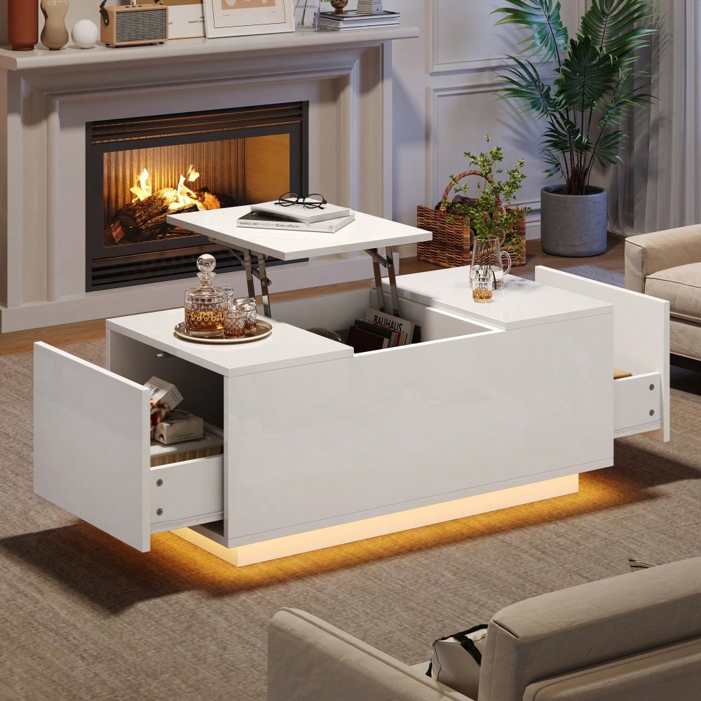 95*48*40cm Couchtisch mit Hebeplatte, höhenverstellbar ausziehbar, Lift-Top-Tisch. Wohnzimmertisch mit 2 Schubladen, Sofatisch mit LED,Multifunktionaler Lift-up-Kaffeetisch, Weiß
