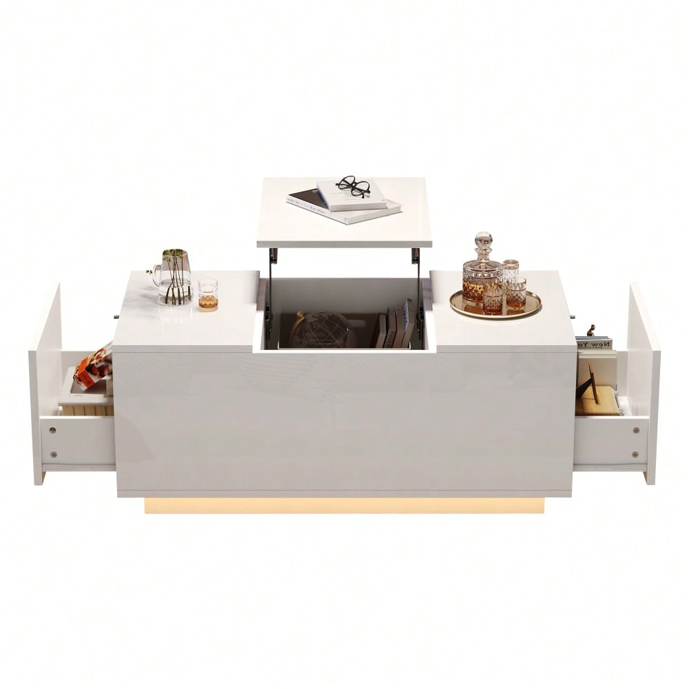 95*48*40cm Couchtisch mit Hebeplatte, höhenverstellbar ausziehbar, Lift-Top-Tisch. Wohnzimmertisch mit 2 Schubladen, Sofatisch mit LED,Multifunktionaler Lift-up-Kaffeetisch, Weiß