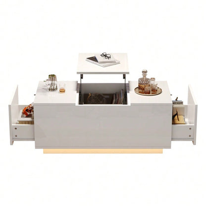 95*48*40cm Couchtisch mit Hebeplatte, höhenverstellbar ausziehbar, Lift-Top-Tisch. Wohnzimmertisch mit 2 Schubladen, Sofatisch mit LED,Multifunktionaler Lift-up-Kaffeetisch, Weiß