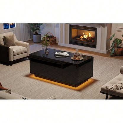 95*48*40cm Couchtisch mit Hebeplatte, höhenverstellbar ausziehbar, Lift-Top-Tisch. Wohnzimmertisch mit 2 Schubladen, Sofatisch mit LED,Multifunktionaler Lift-up-Kaffeetisch, Schwarz