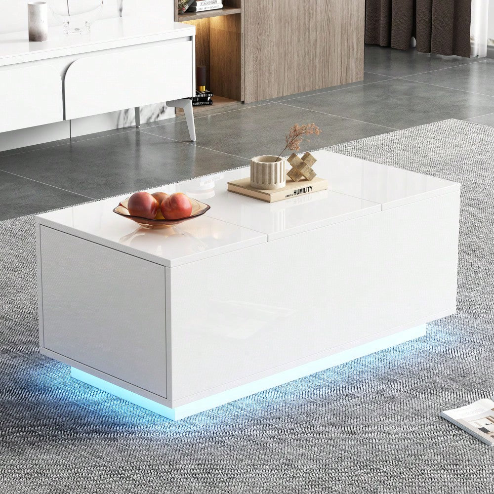 95*48*40cm Couchtisch mit Hebeplatte, höhenverstellbar ausziehbar, Lift-Top-Tisch. Wohnzimmertisch mit 2 Schubladen, Sofatisch mit LED,Multifunktionaler Lift-up-Kaffeetisch, Weiß