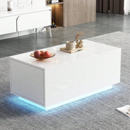 95*48*40cm Couchtisch mit Hebeplatte, höhenverstellbar ausziehbar, Lift-Top-Tisch. Wohnzimmertisch mit 2 Schubladen, Sofatisch mit LED,Multifunktionaler Lift-up-Kaffeetisch, Weiß