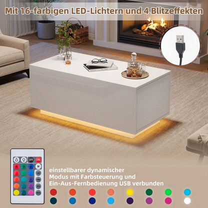 95*48*40cm Couchtisch mit Hebeplatte, höhenverstellbar ausziehbar, Lift-Top-Tisch. Wohnzimmertisch mit 2 Schubladen, Sofatisch mit LED,Multifunktionaler Lift-up-Kaffeetisch, Weiß