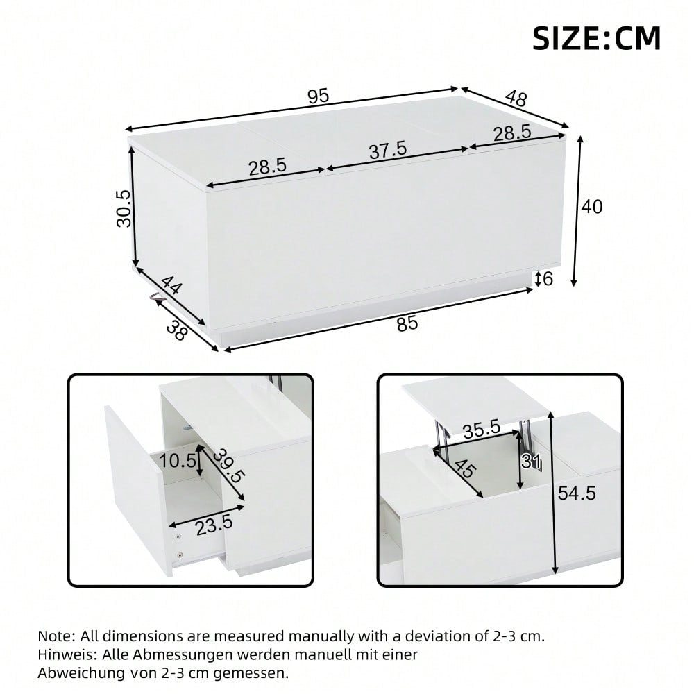 95*48*40cm Couchtisch mit Hebeplatte, höhenverstellbar ausziehbar, Lift-Top-Tisch. Wohnzimmertisch mit 2 Schubladen, Sofatisch mit LED,Multifunktionaler Lift-up-Kaffeetisch, Weiß