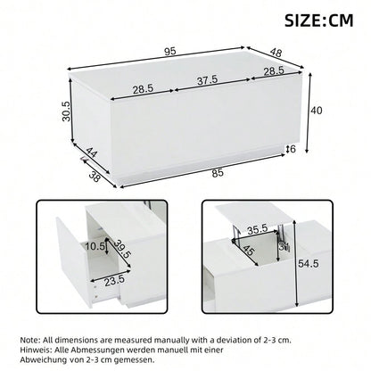 95*48*40cm Couchtisch mit Hebeplatte, höhenverstellbar ausziehbar, Lift-Top-Tisch. Wohnzimmertisch mit 2 Schubladen, Sofatisch mit LED,Multifunktionaler Lift-up-Kaffeetisch, Weiß