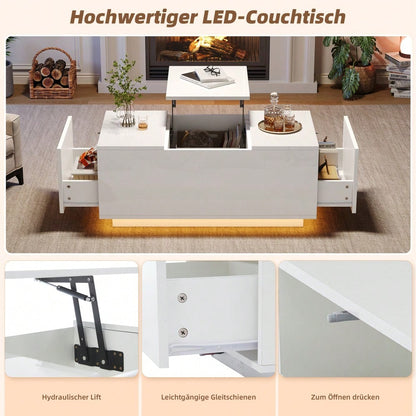 95*48*40cm Couchtisch mit Hebeplatte, höhenverstellbar ausziehbar, Lift-Top-Tisch. Wohnzimmertisch mit 2 Schubladen, Sofatisch mit LED,Multifunktionaler Lift-up-Kaffeetisch, Weiß