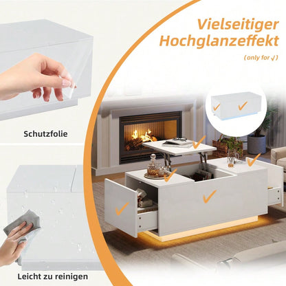 95*48*40cm Couchtisch mit Hebeplatte, höhenverstellbar ausziehbar, Lift-Top-Tisch. Wohnzimmertisch mit 2 Schubladen, Sofatisch mit LED,Multifunktionaler Lift-up-Kaffeetisch, Weiß