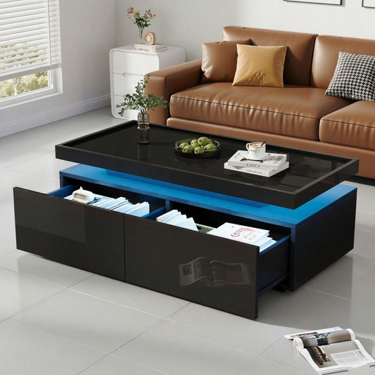 95*45*35cm Couchtisch,Wohnzimmertisch mit LED, kaffeetisch mit 2 Schubladen, Hochglanz Sofatisch,moderner minimalistischer Tisch,Beistelltisch mit geometrischem Design,Schwarz