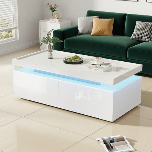 95*45*35cm Couchtisch,Wohnzimmertisch mit LED, kaffeetisch mit 2 Schubladen, Hochglanz Sofatisch,moderner minimalistischer Tisch,Beistelltisch mit geometrischem Design,Weiß