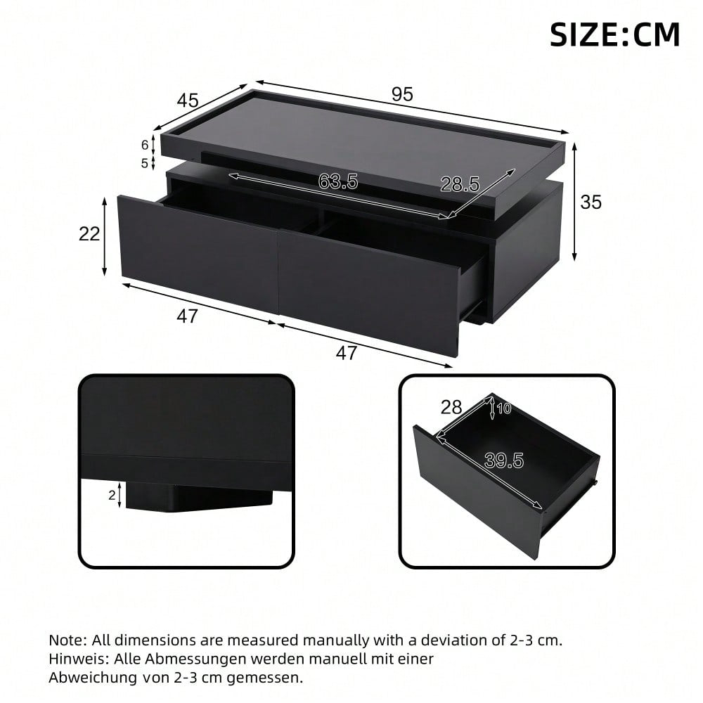 95*45*35cm Couchtisch,Wohnzimmertisch mit LED, kaffeetisch mit 2 Schubladen, Hochglanz Sofatisch,moderner minimalistischer Tisch,Beistelltisch mit geometrischem Design,Schwarz