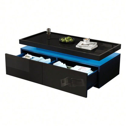 95*45*35cm Couchtisch,Wohnzimmertisch mit LED, kaffeetisch mit 2 Schubladen, Hochglanz Sofatisch,moderner minimalistischer Tisch,Beistelltisch mit geometrischem Design,Schwarz