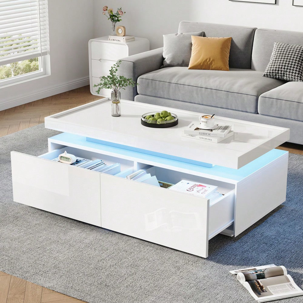 95*45*35cm Couchtisch,Wohnzimmertisch mit LED, kaffeetisch mit 2 Schubladen, Hochglanz Sofatisch,moderner minimalistischer Tisch,Beistelltisch mit geometrischem Design,Weiß