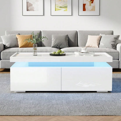 95*45*35cm Couchtisch,Wohnzimmertisch mit LED, kaffeetisch mit 2 Schubladen, Hochglanz Sofatisch,moderner minimalistischer Tisch,Beistelltisch mit geometrischem Design,Weiß