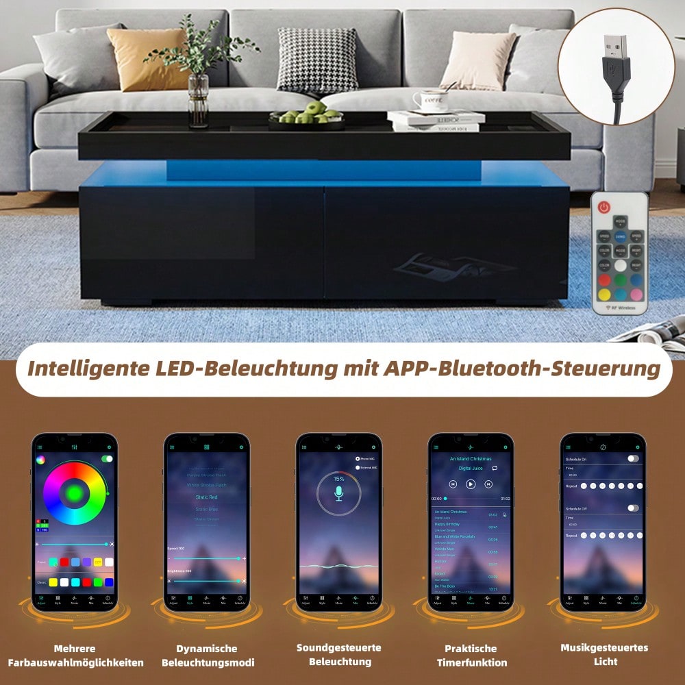 95*45*35cm Couchtisch,Wohnzimmertisch mit LED, kaffeetisch mit 2 Schubladen, Hochglanz Sofatisch,moderner minimalistischer Tisch,Beistelltisch mit geometrischem Design,Schwarz