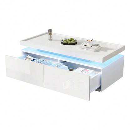 95*45*35cm Couchtisch,Wohnzimmertisch mit LED, kaffeetisch mit 2 Schubladen, Hochglanz Sofatisch,moderner minimalistischer Tisch,Beistelltisch mit geometrischem Design,Weiß