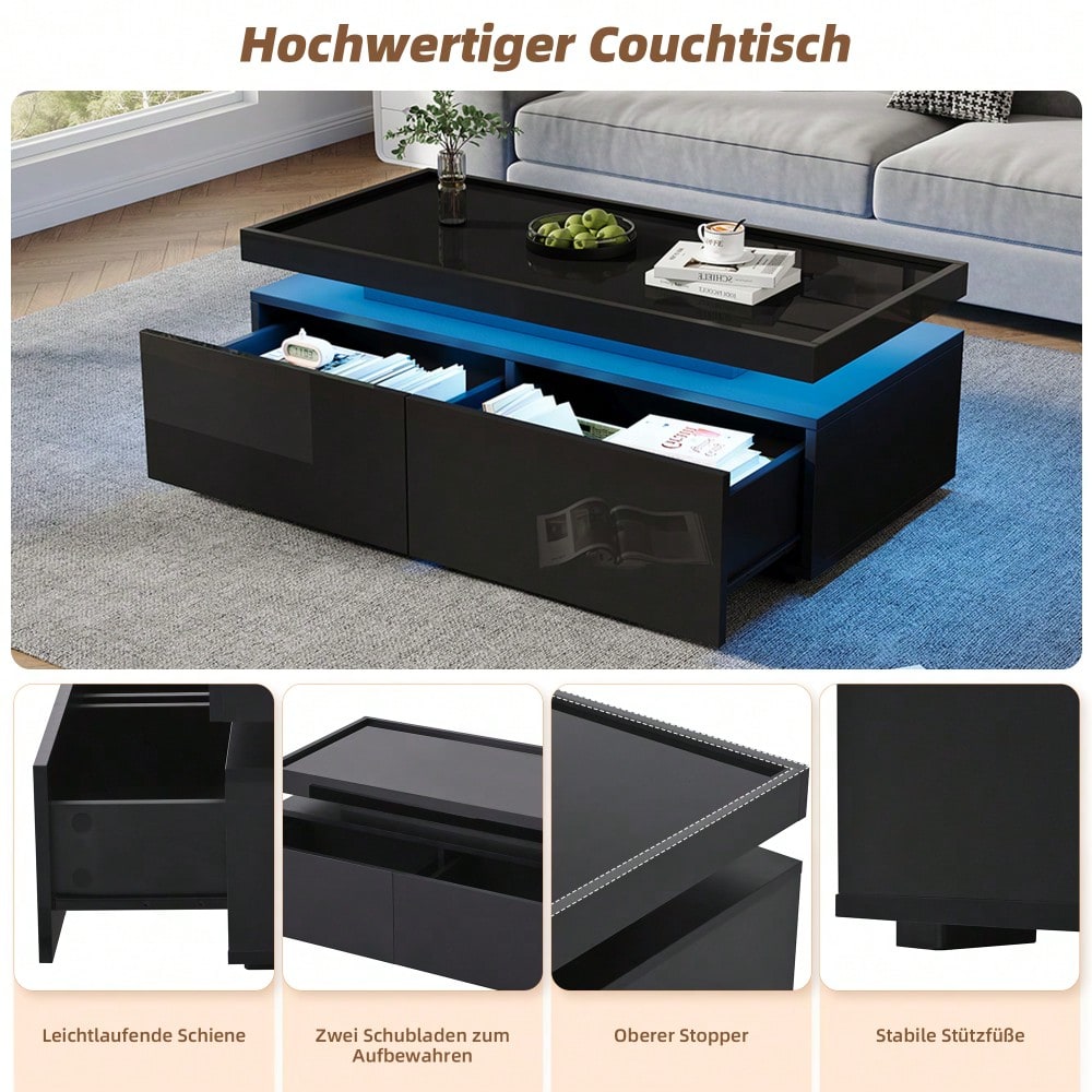 95*45*35cm Couchtisch,Wohnzimmertisch mit LED, kaffeetisch mit 2 Schubladen, Hochglanz Sofatisch,moderner minimalistischer Tisch,Beistelltisch mit geometrischem Design,Schwarz