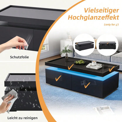 95*45*35cm Couchtisch,Wohnzimmertisch mit LED, kaffeetisch mit 2 Schubladen, Hochglanz Sofatisch,moderner minimalistischer Tisch,Beistelltisch mit geometrischem Design,Schwarz