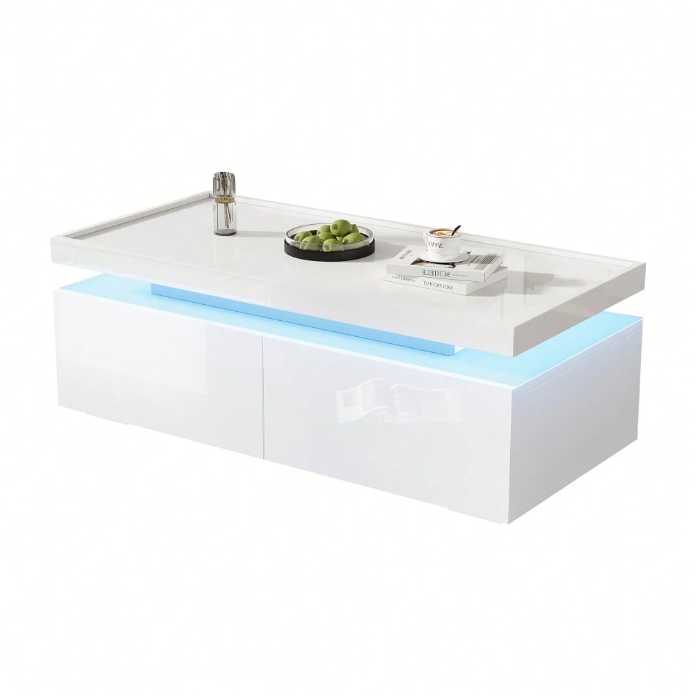 95*45*35cm Couchtisch,Wohnzimmertisch mit LED, kaffeetisch mit 2 Schubladen, Hochglanz Sofatisch,moderner minimalistischer Tisch,Beistelltisch mit geometrischem Design,Weiß