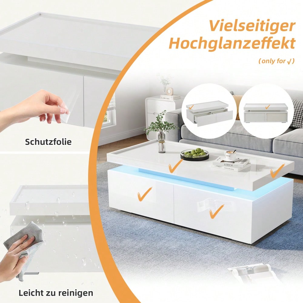 95*45*35cm Couchtisch,Wohnzimmertisch mit LED, kaffeetisch mit 2 Schubladen, Hochglanz Sofatisch,moderner minimalistischer Tisch,Beistelltisch mit geometrischem Design,Weiß