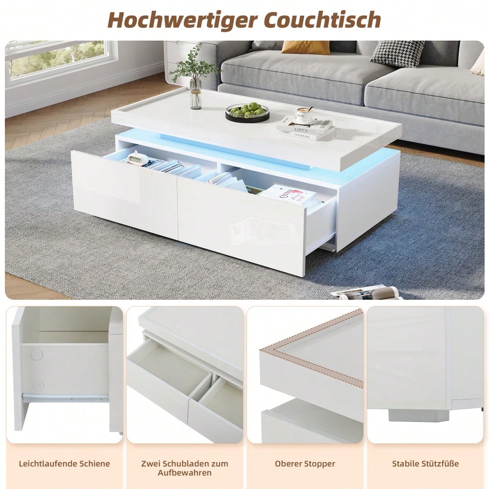 95*45*35cm Couchtisch,Wohnzimmertisch mit LED, kaffeetisch mit 2 Schubladen, Hochglanz Sofatisch,moderner minimalistischer Tisch,Beistelltisch mit geometrischem Design,Weiß