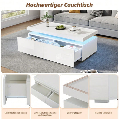 95*45*35cm Couchtisch,Wohnzimmertisch mit LED, kaffeetisch mit 2 Schubladen, Hochglanz Sofatisch,moderner minimalistischer Tisch,Beistelltisch mit geometrischem Design,Weiß
