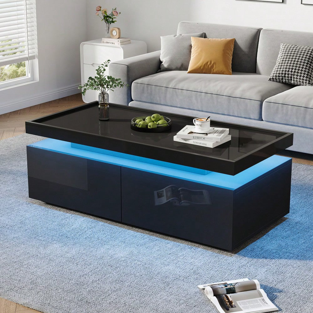 95*45*35cm Couchtisch,Wohnzimmertisch mit LED, kaffeetisch mit 2 Schubladen, Hochglanz Sofatisch,moderner minimalistischer Tisch,Beistelltisch mit geometrischem Design,Schwarz