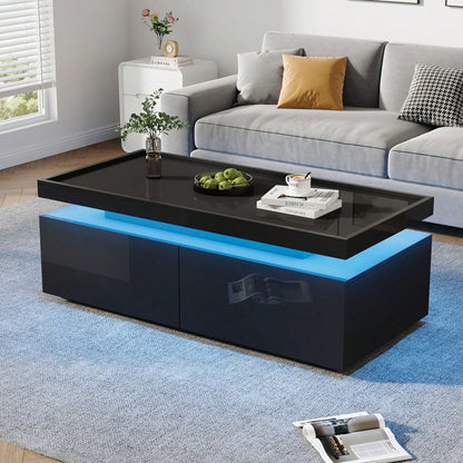 95*45*35cm Couchtisch,Wohnzimmertisch mit LED, kaffeetisch mit 2 Schubladen, Hochglanz Sofatisch,moderner minimalistischer Tisch,Beistelltisch mit geometrischem Design,Schwarz