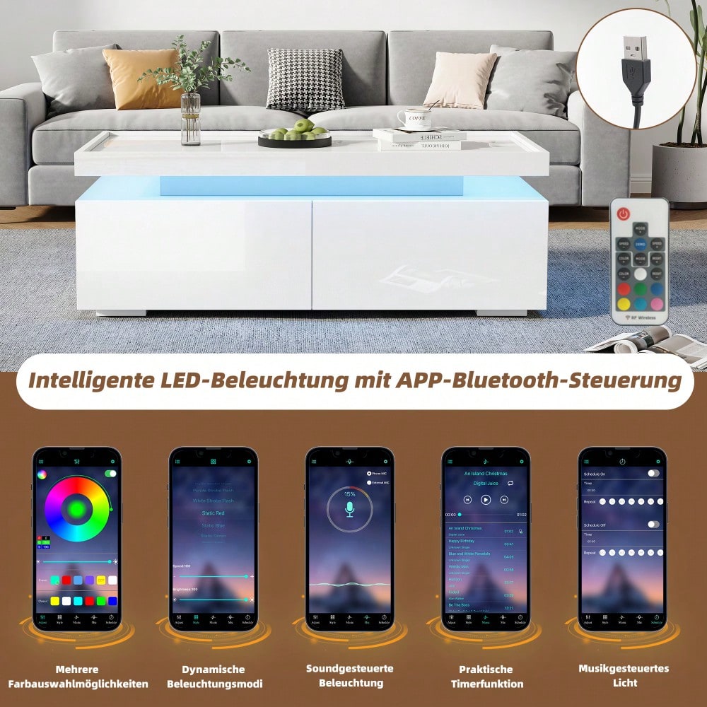 95*45*35cm Couchtisch,Wohnzimmertisch mit LED, kaffeetisch mit 2 Schubladen, Hochglanz Sofatisch,moderner minimalistischer Tisch,Beistelltisch mit geometrischem Design,Weiß