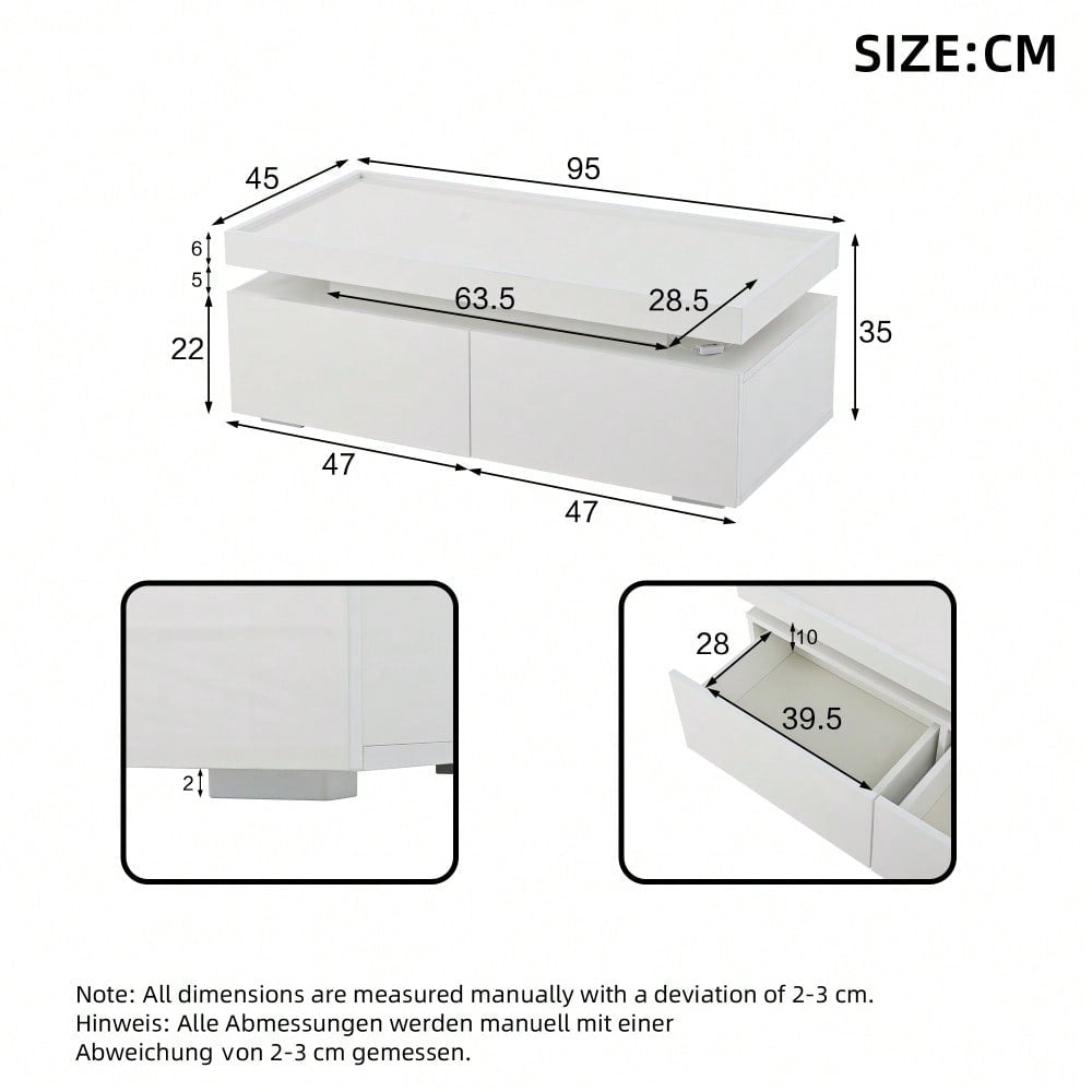 95*45*35cm Couchtisch,Wohnzimmertisch mit LED, kaffeetisch mit 2 Schubladen, Hochglanz Sofatisch,moderner minimalistischer Tisch,Beistelltisch mit geometrischem Design,Weiß