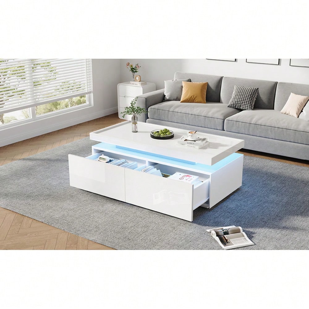 95*45*35cm Couchtisch,Wohnzimmertisch mit LED, kaffeetisch mit 2 Schubladen, Hochglanz Sofatisch,moderner minimalistischer Tisch,Beistelltisch mit geometrischem Design,Weiß
