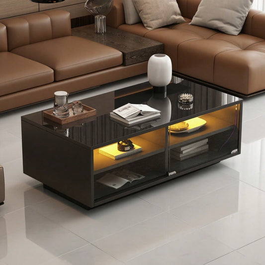 94 x 50 x 34 cm Schwarzer Hochglanz-LED-Couchtisch, Sofatisch aus gehärtetem Glas mit 2 Schubladen, Aufbewahrungstisch mit Vitrinentür für das Wohnzimmer, Die Gesamttragfähigkeit beträgt 30 kg