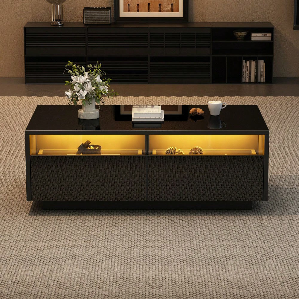 94 x 50 x 34 cm Schwarzer Hochglanz-LED-Couchtisch, Sofatisch aus gehärtetem Glas mit 2 Schubladen, Aufbewahrungstisch mit Vitrinentür für das Wohnzimmer, Die Gesamttragfähigkeit beträgt 30 kg