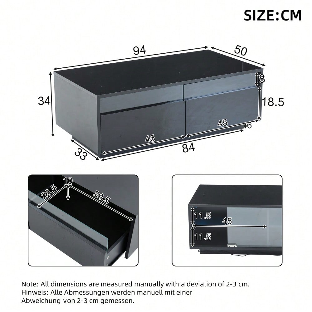 94 x 50 x 34 cm Schwarzer Hochglanz-LED-Couchtisch, Sofatisch aus gehärtetem Glas mit 2 Schubladen, Aufbewahrungstisch mit Vitrinentür für das Wohnzimmer, Die Gesamttragfähigkeit beträgt 30 kg