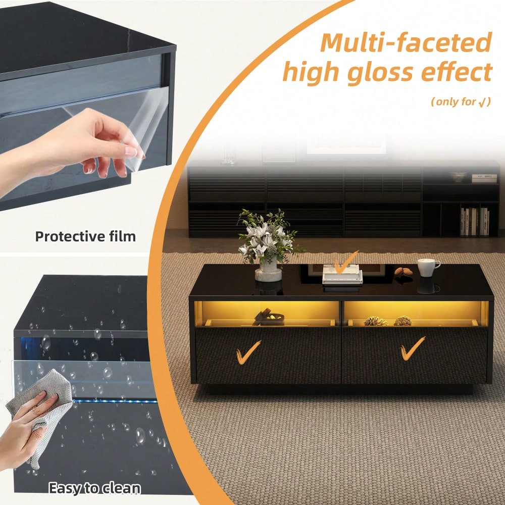 94 x 50 x 34 cm Schwarzer Hochglanz-LED-Couchtisch, Sofatisch aus gehärtetem Glas mit 2 Schubladen, Aufbewahrungstisch mit Vitrinentür für das Wohnzimmer, Die Gesamttragfähigkeit beträgt 30 kg