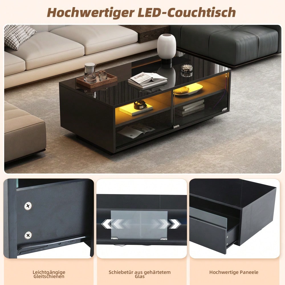 94 x 50 x 34 cm Schwarzer Hochglanz-LED-Couchtisch, Sofatisch aus gehärtetem Glas mit 2 Schubladen, Aufbewahrungstisch mit Vitrinentür für das Wohnzimmer, Die Gesamttragfähigkeit beträgt 30 kg