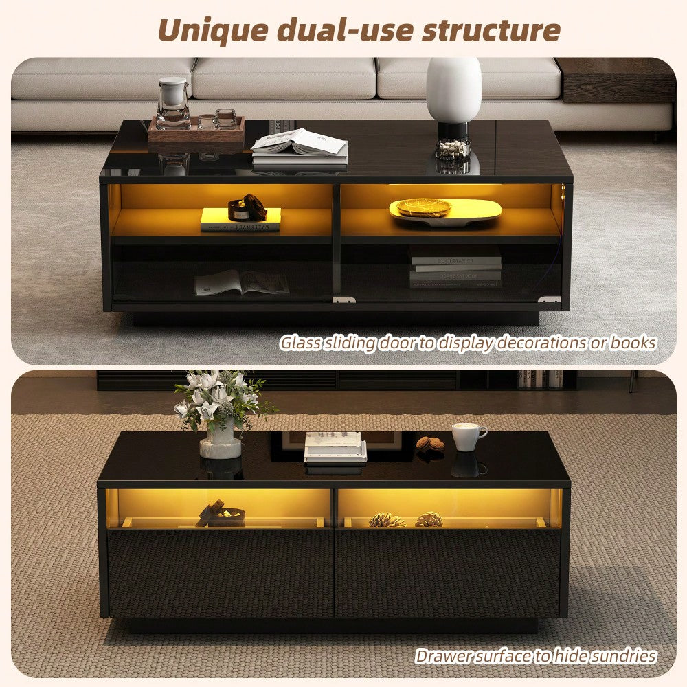 94 x 50 x 34 cm Schwarzer Hochglanz-LED-Couchtisch, Sofatisch aus gehärtetem Glas mit 2 Schubladen, Aufbewahrungstisch mit Vitrinentür für das Wohnzimmer, Die Gesamttragfähigkeit beträgt 30 kg