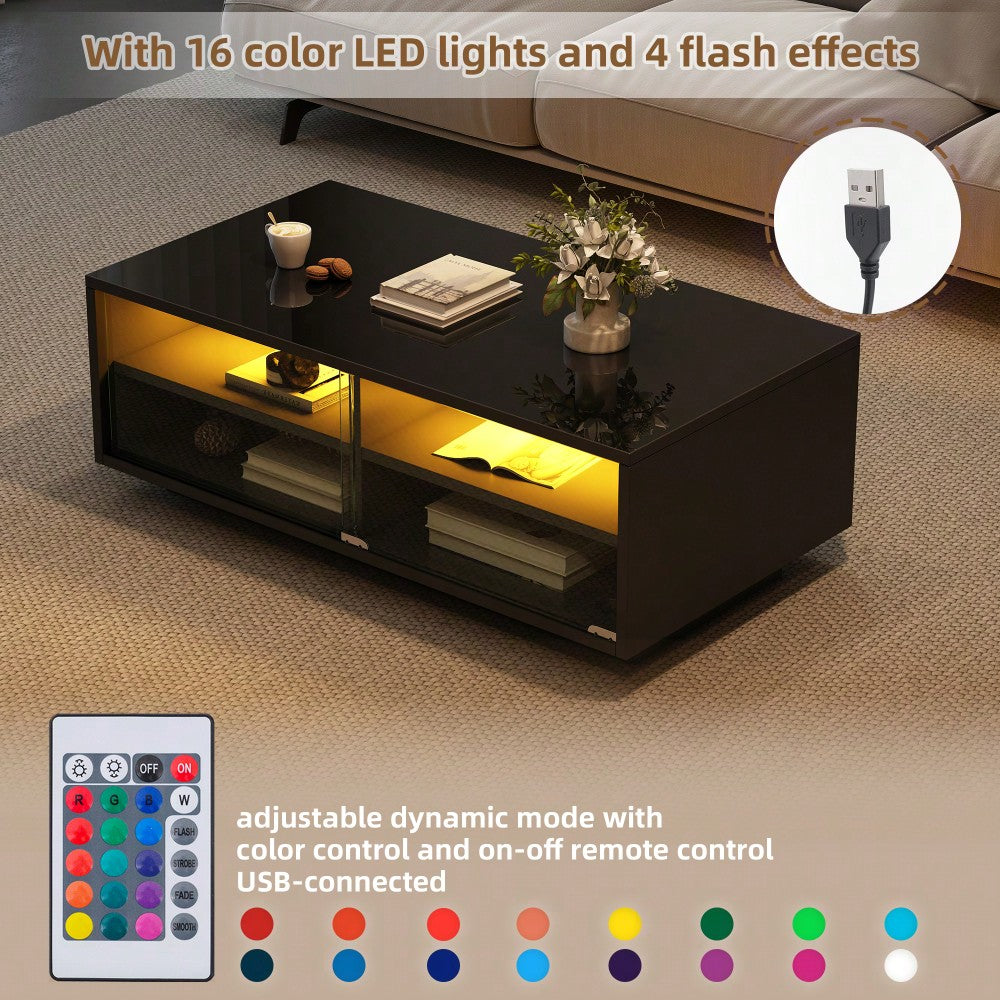 94 x 50 x 34 cm Schwarzer Hochglanz-LED-Couchtisch, Sofatisch aus gehärtetem Glas mit 2 Schubladen, Aufbewahrungstisch mit Vitrinentür für das Wohnzimmer, Die Gesamttragfähigkeit beträgt 30 kg