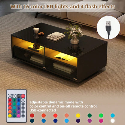 94 x 50 x 34 cm Schwarzer Hochglanz-LED-Couchtisch, Sofatisch aus gehärtetem Glas mit 2 Schubladen, Aufbewahrungstisch mit Vitrinentür für das Wohnzimmer, Die Gesamttragfähigkeit beträgt 30 kg