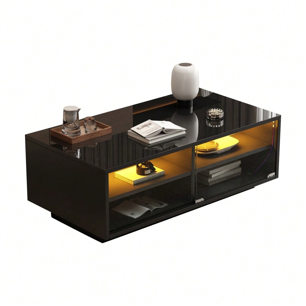 94 x 50 x 34 cm Schwarzer Hochglanz-LED-Couchtisch, Sofatisch aus gehärtetem Glas mit 2 Schubladen, Aufbewahrungstisch mit Vitrinentür für das Wohnzimmer, Die Gesamttragfähigkeit beträgt 30 kg