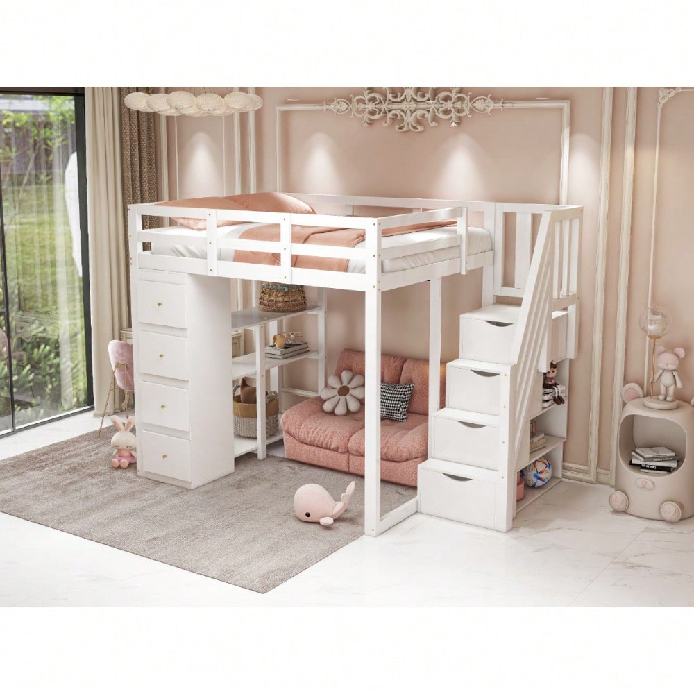Hochbett 140*200cm mit Aufbewahrungsschublade Kommode mit Regalen, Sicherheits-Kletterleiter mit Aufbewahrungsschubladen, Multifunktionales Massivholzbett Weiß Die alte SKU lautet LDB00278AAK