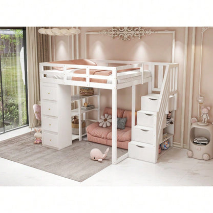 Hochbett 140*200cm mit Aufbewahrungsschublade Kommode mit Regalen, Sicherheits-Kletterleiter mit Aufbewahrungsschubladen, Multifunktionales Massivholzbett Weiß Die alte SKU lautet LDB00278AAK