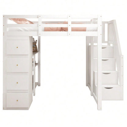 Hochbett 140*200cm mit Aufbewahrungsschublade Kommode mit Regalen, Sicherheits-Kletterleiter mit Aufbewahrungsschubladen, Multifunktionales Massivholzbett Weiß Die alte SKU lautet LDB00278AAK