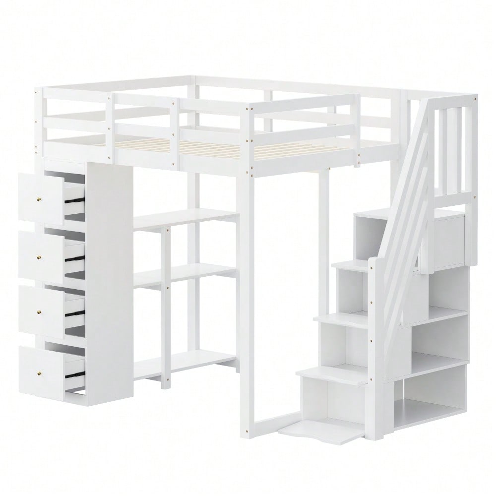 Hochbett 140*200cm mit Aufbewahrungsschublade Kommode mit Regalen, Sicherheits-Kletterleiter mit Aufbewahrungsschubladen, Multifunktionales Massivholzbett Weiß Die alte SKU lautet LDB00278AAK