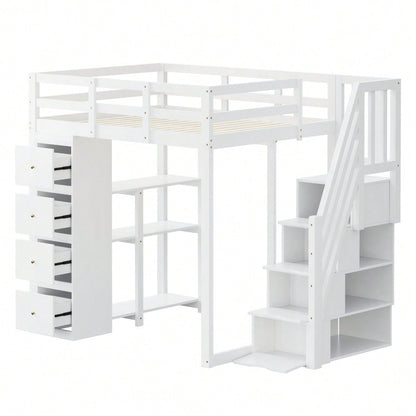 Hochbett 140*200cm mit Aufbewahrungsschublade Kommode mit Regalen, Sicherheits-Kletterleiter mit Aufbewahrungsschubladen, Multifunktionales Massivholzbett Weiß Die alte SKU lautet LDB00278AAK